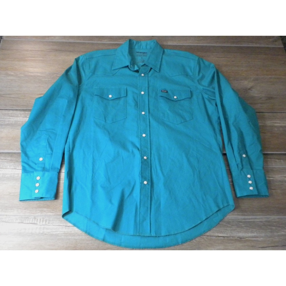 Wrangler Shirt Mens‎ L Green Pearl Snap Advanced Comfort Performance Cowboy Cut